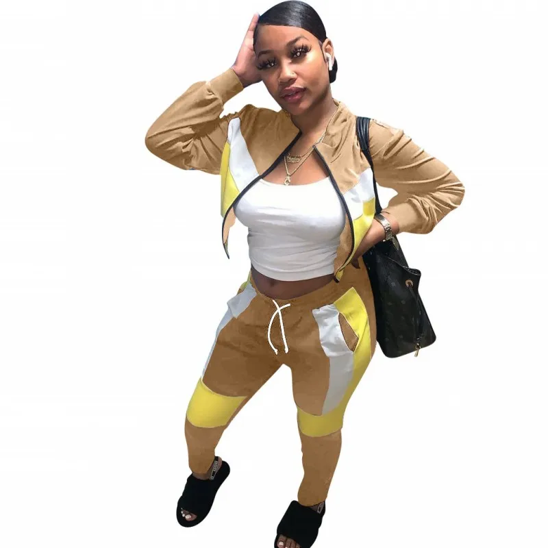 

Повседневный комплект из двух предметов, женский укороченный топ, куртка и штаны, наряд, Осень-зима, модный новый спортивный костюм с панеля...