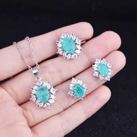 luxury 925 sterling silver jewelry sets for women oval para%c3%adba tourmaline stone pendant necklace earring ring wedding sets 3pcs