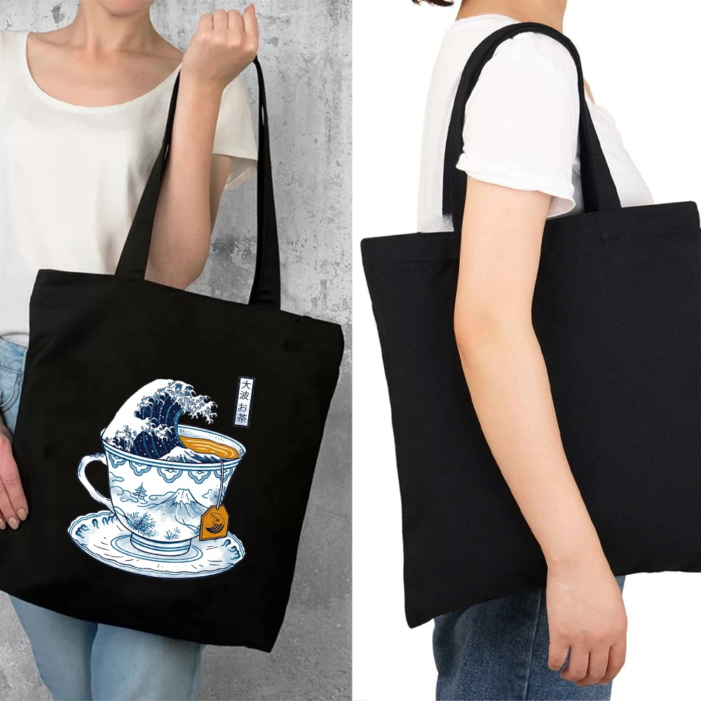 

Women Ecobag Large Capacity Canvas Tote Shoulder Bag Personality Wave Pictures Fabric Reusable Beach Handbags Shopper Bags