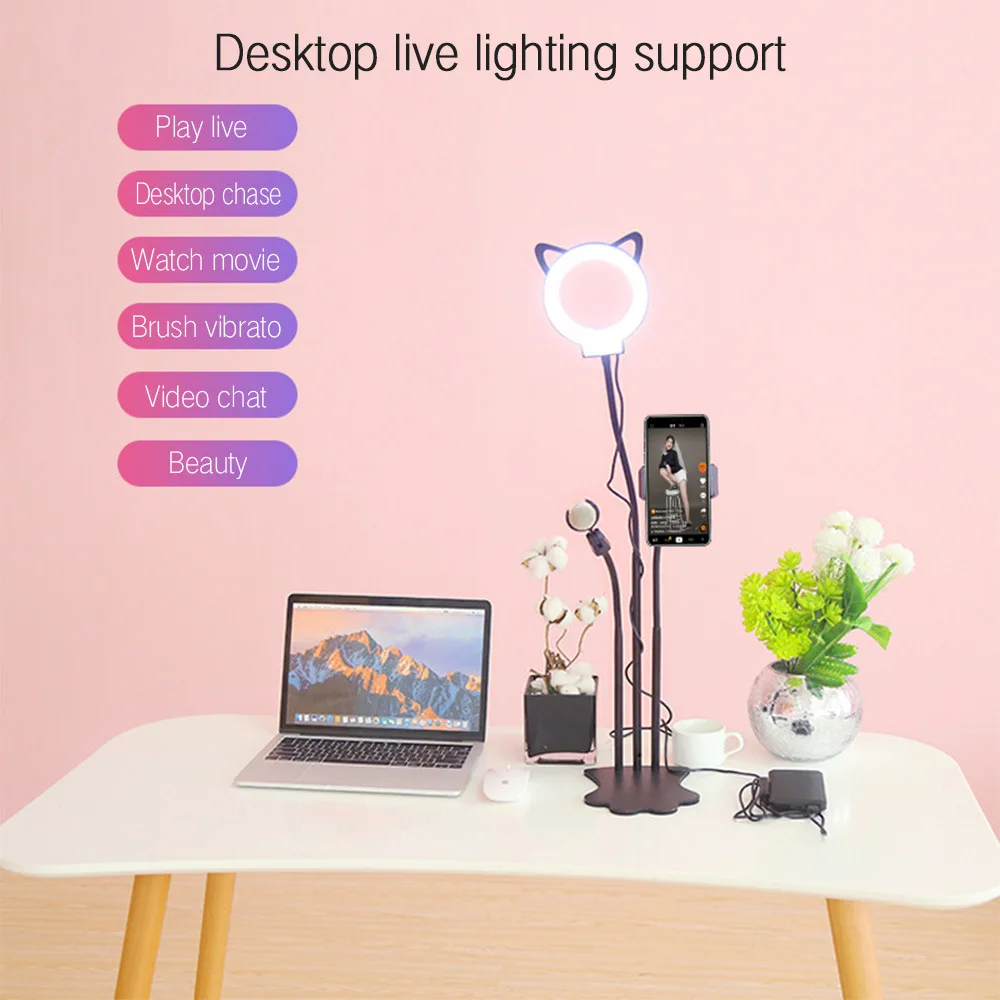 

5 IN 1Cat Selfie Ring Light LED Video Studio Dimmable Photography Lighting Photo For Youtube With Microphone Phone Holder Tripod