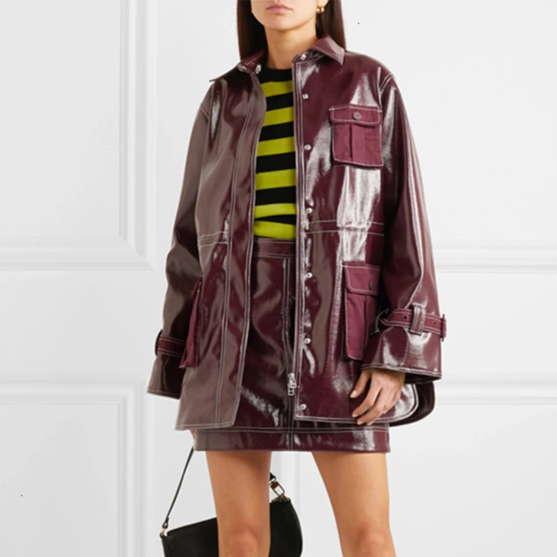 Повседневные женские Куртки из искусственной кожи воротник с лацканами длинный