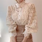 Женская кружевная блузка в стиле пэчворк, универсальная кружевная блузка на пуговицах с рукавами-лепестками и воротником-стойкой, весна-осень 2021