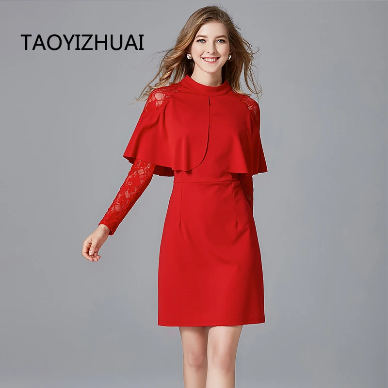 TAOYIZHUAI осеннее винтажное стильное кружевное женское платье красного и черного цвета большого размера выше колена с длинными рукавами элегантное вечернее платье 16052