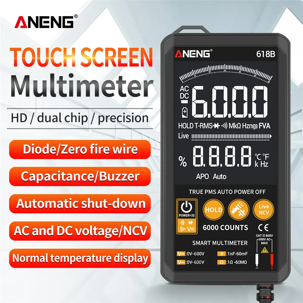 ANENG 618B Цифровой мультиметр сенсорный DC/AC Профессиональный Аналоговый тестер True RMS