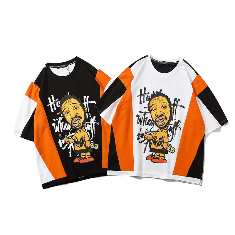 

American high street hip hop loose T-shirt Street oversize character contrast stitching printed Short Sleeve Tee men's shirt
