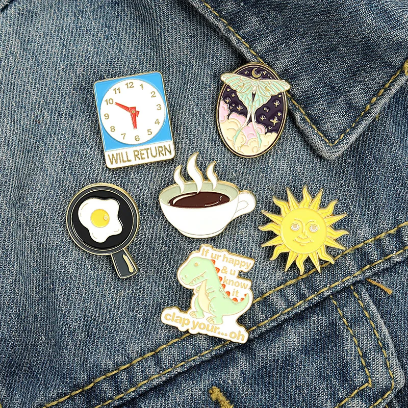 

Fashion Metal Cartoon Fried Egg Coffee Brooch Couple Cute Popular Alarm Clock Dinosaur Badge Campus Accessories