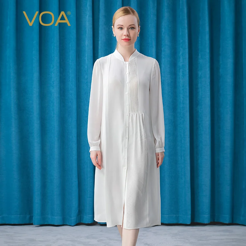 

VOA Heavy Silk Milk White Collar Single-breasted Asymmetric Stitching Three-dimensional Fold Long-sleeved Shirt Dress AE607