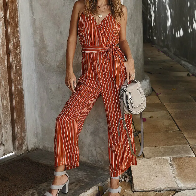 

New Women Jumpsuits 2020 Bohemian Beach Long Pants Striped Jumpsuit Fashion V-neck Sleeveless Sexy Woman Casual Jumpsuit Rompers