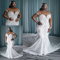 plus size wedding dresses vestido de novia african crystal mermaid wedding dresslong train sheer neck custom made bridal