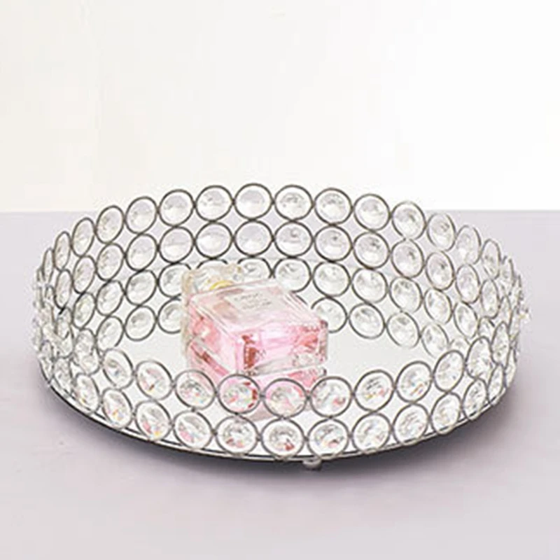 Серебряный круглый зеркальный декоративный лоток для хранения косметики