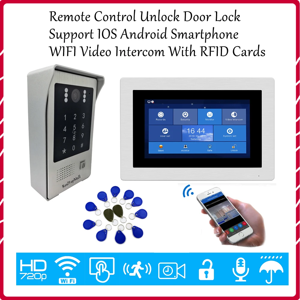 Видеодомофон 720P Wi Fi IP 7 дюймов сенсорный экран бесплатное приложение
