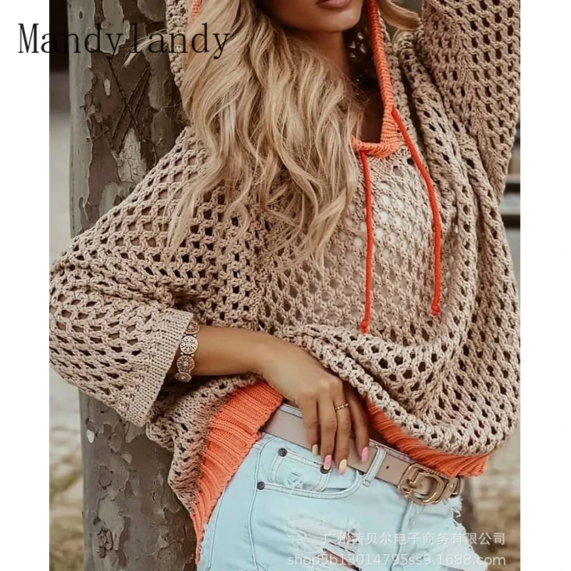 

Mandylandy Sweater Autumn Long Sleeve V-neck Hooded Loose Pullover Sweater Women Casual Solid Color Stitching Hollow Out Sweater