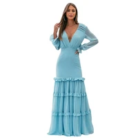 ms long sleeved dress 2021 summer new fashion chiffon blue v neck waist dress elegant temperament slim sexy halter party dress