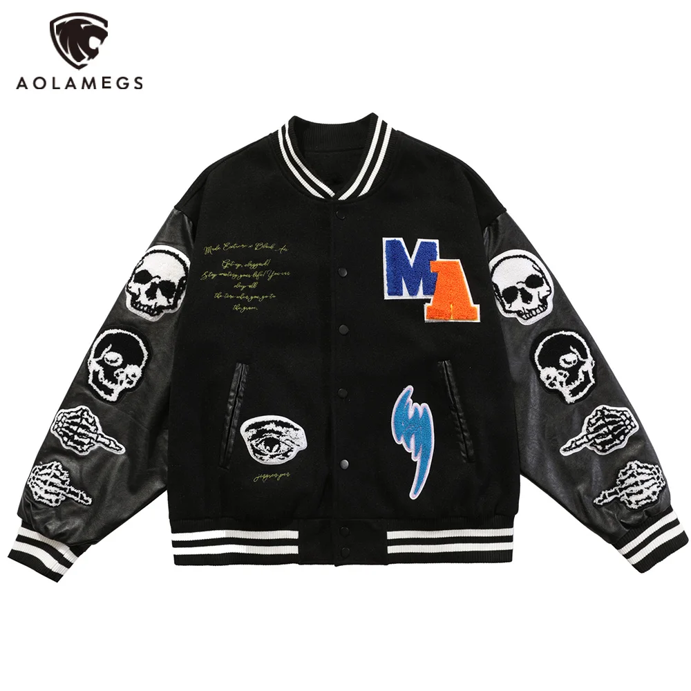 

Aolamegs Gothic Skull Hit Color Letter Patches Baseball Jacket Men Baggy Diablo High Street Style Bomber Coats Autumn Streetwear