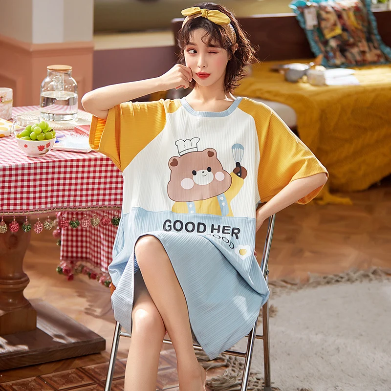 Летняя ночная рубашка хлопковая для сна размера плюс пижама милая мультяшная