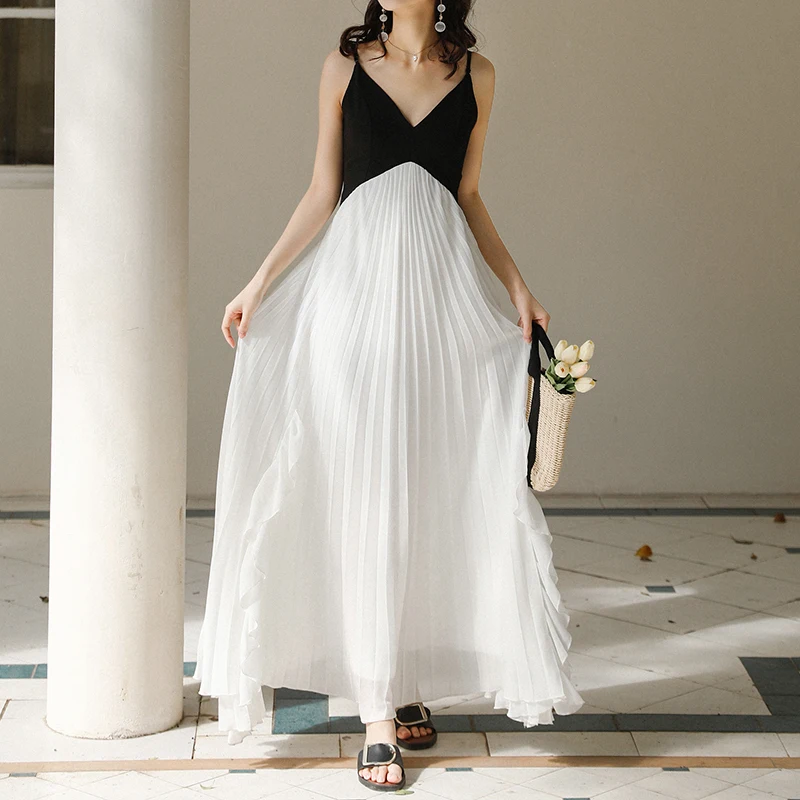 

Spaghetti Strap White Dress Women Summer Sexy Deep V Backless Pleated Party Dressess Female Elegant Tank Vestidos Mujer