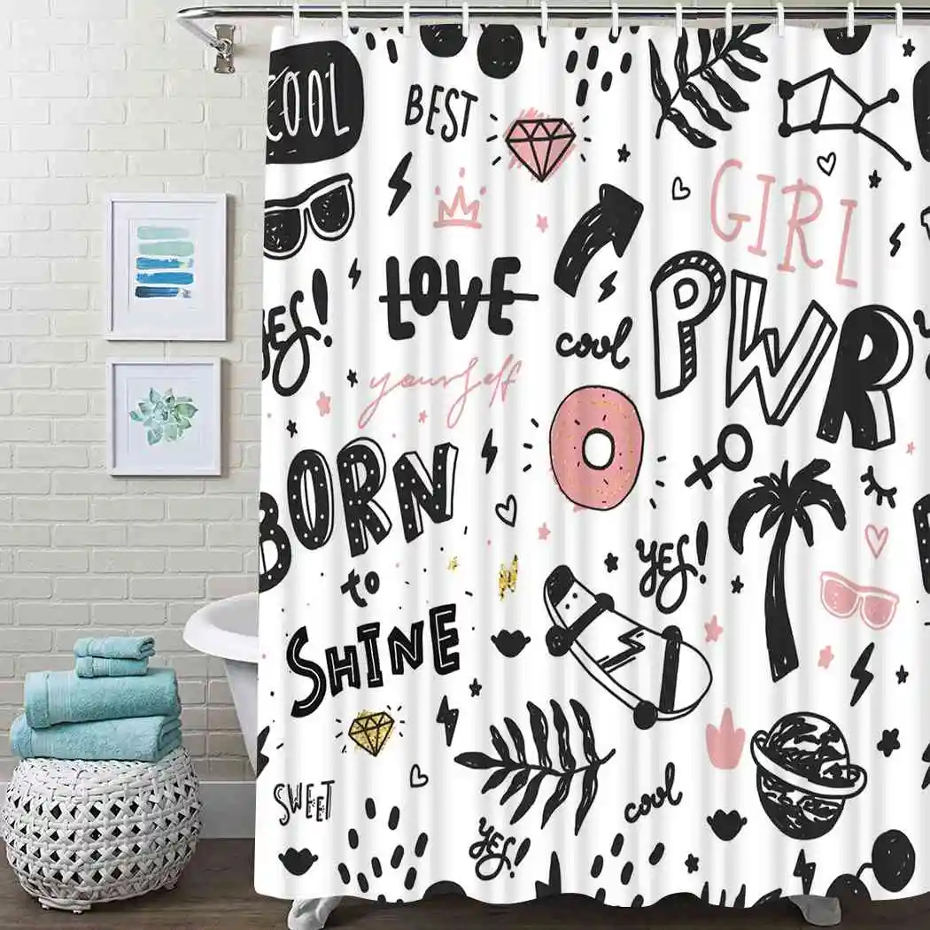 

Letter Shower Curtain Hand Travel Stamp Retro Shower Curtain Waterproof Fabric For Bathroom Decor Shower Curtains Set With Hooks