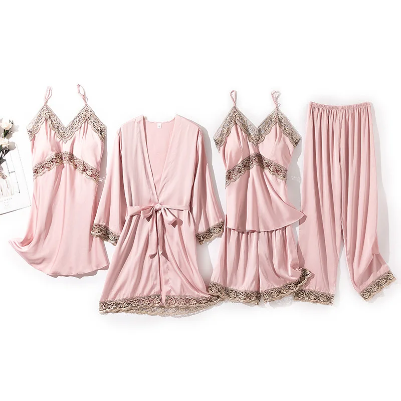 

Spring Summer Nightwear Thin Lace Nightdress 5PCS Sleep Set Pajamas Suit Women Sleepwear Sexy With Bra Sling Shorts Home Suit