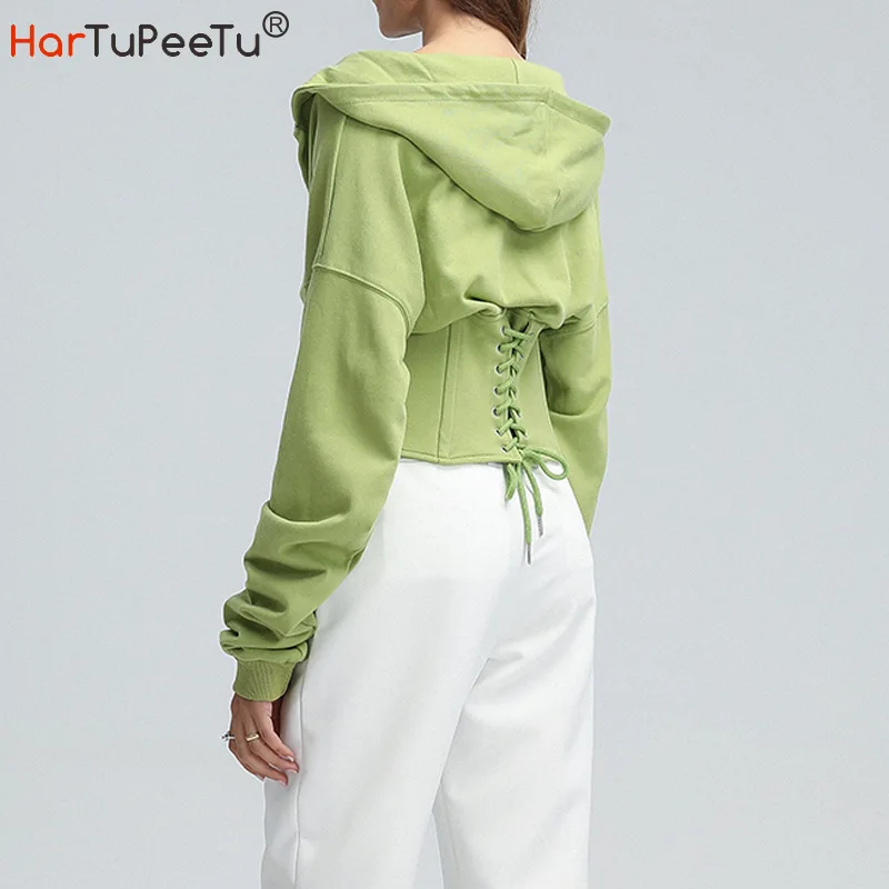 

Spring Autumn Women Short Hoodie Back Cross Bandage Design Hooded Coat Sexy V Neck Solid Slim Fit S~2XL Sweatshirt Pullover Top