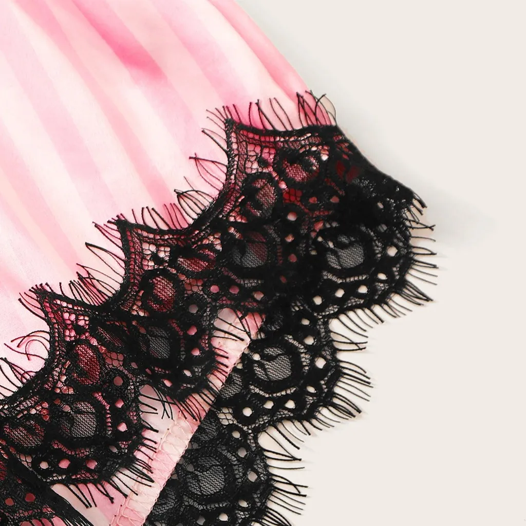 

Lace Patchwork Pajamas Women V-Neck Silk Satin Striped Camisole Pajamas Sleepwear Shorts Set koszula nocna Feminino Sleepwear