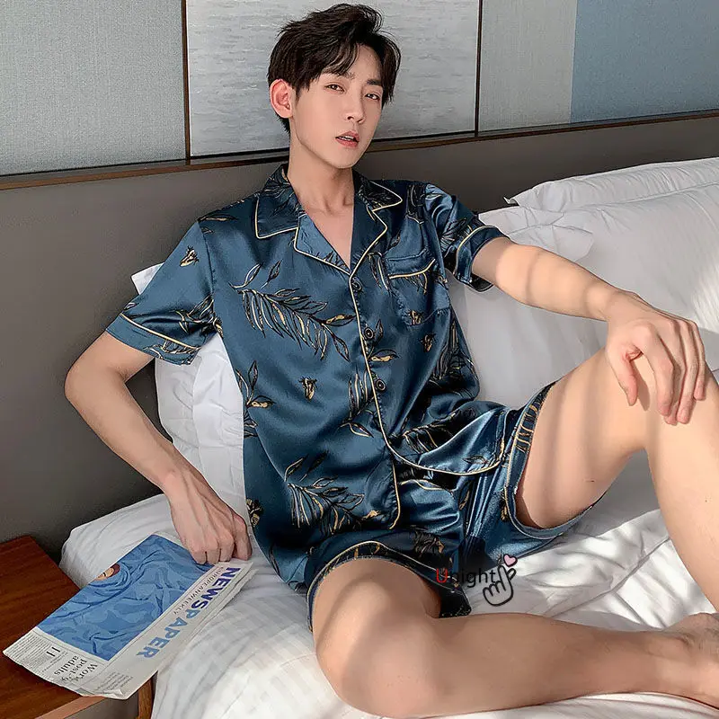 

New Men Summer Pajama Sets Man Plus Size Silk Pajamas Shorts Pants Satin Sleep Wear Pijamas Pyjama Mujer Pajama Shorts