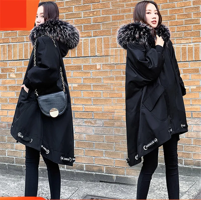 Повседневная Женская длинная парка 5XL пальто зимние куртки с меховым воротником
