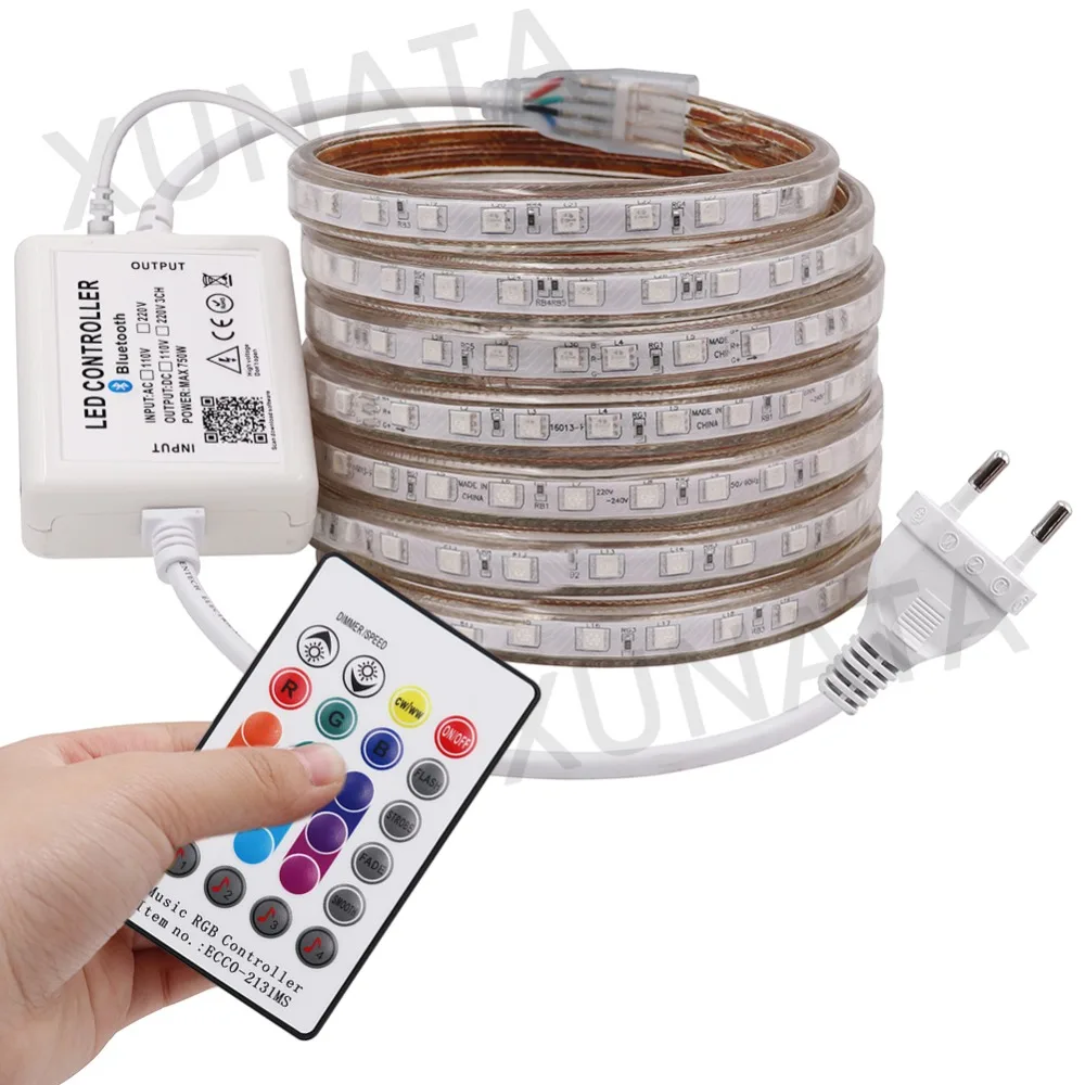 Светодиодный светильник с музыкальной RGB полоской 5050 SMD 220V 110V AC 60 светодиодный 120 светодиодный водонепроницаемый гибкий светильник для украшения дома 24key пульт дистанционного управления