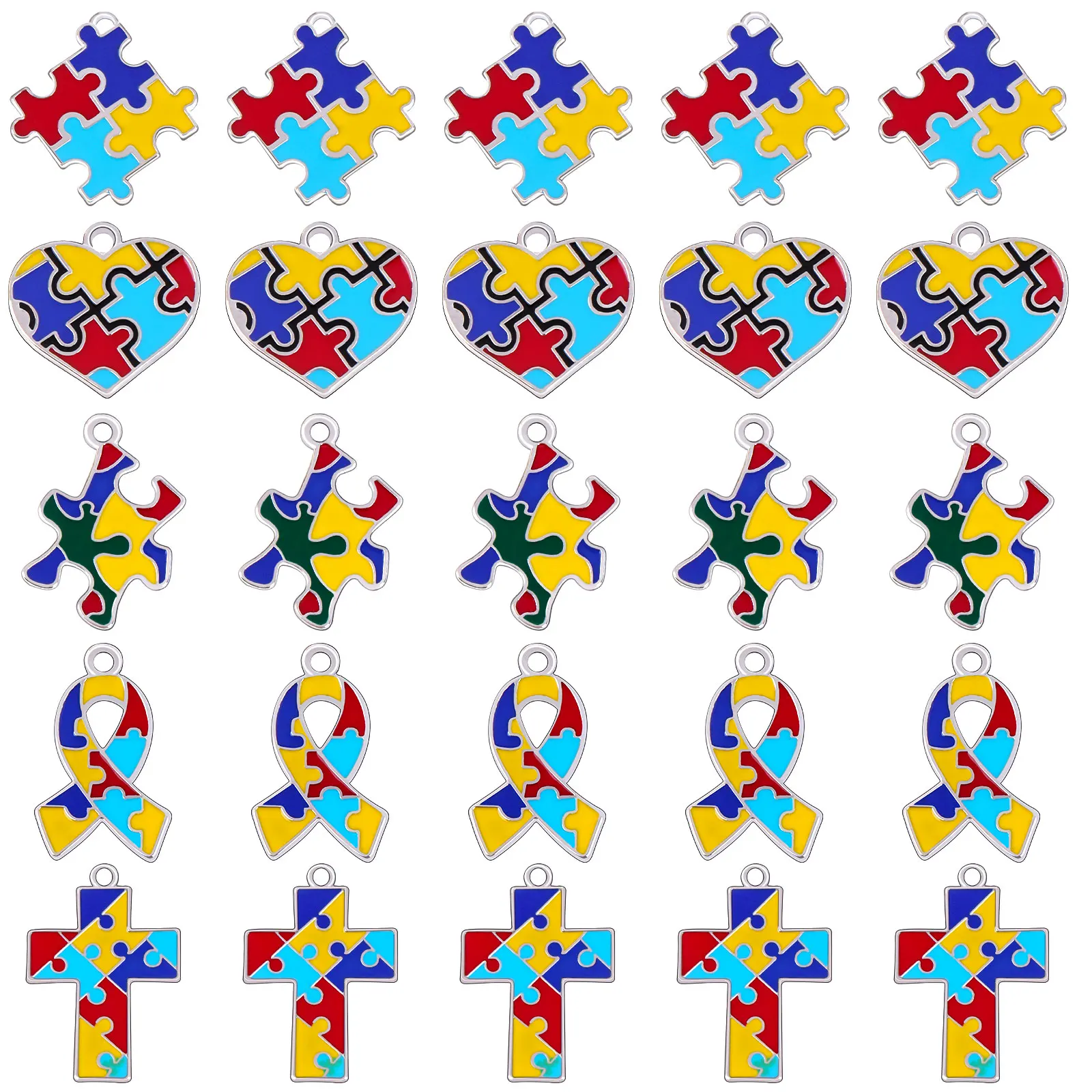 Hot Selling Enamel Autism Awareness Jigsaw Puzzle Piece Charms Pendant Fit DIY Bracelet & Necklace Jewelry Making 25pcs/lot
