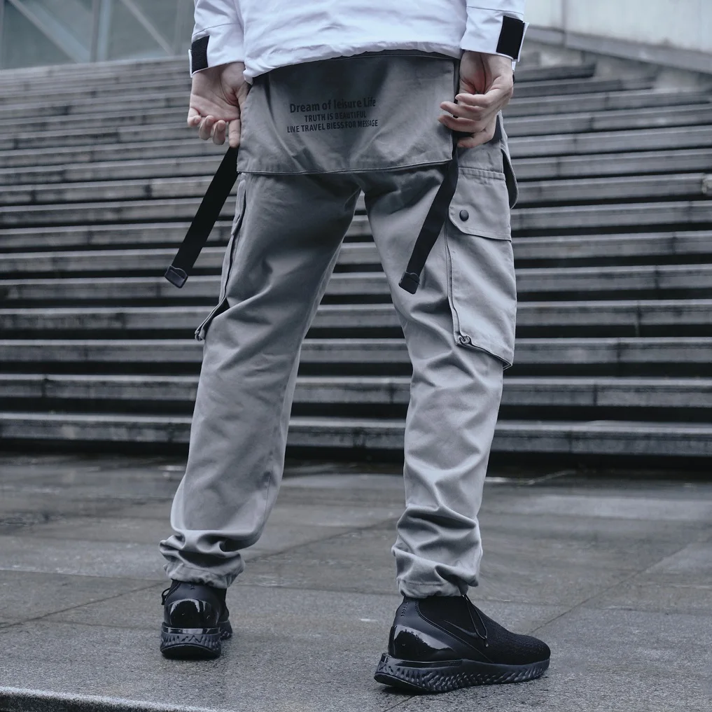 2020 Ленты Брюки карго Мужская Черная уличная одежда с карманом Harajuku Techwear брюки