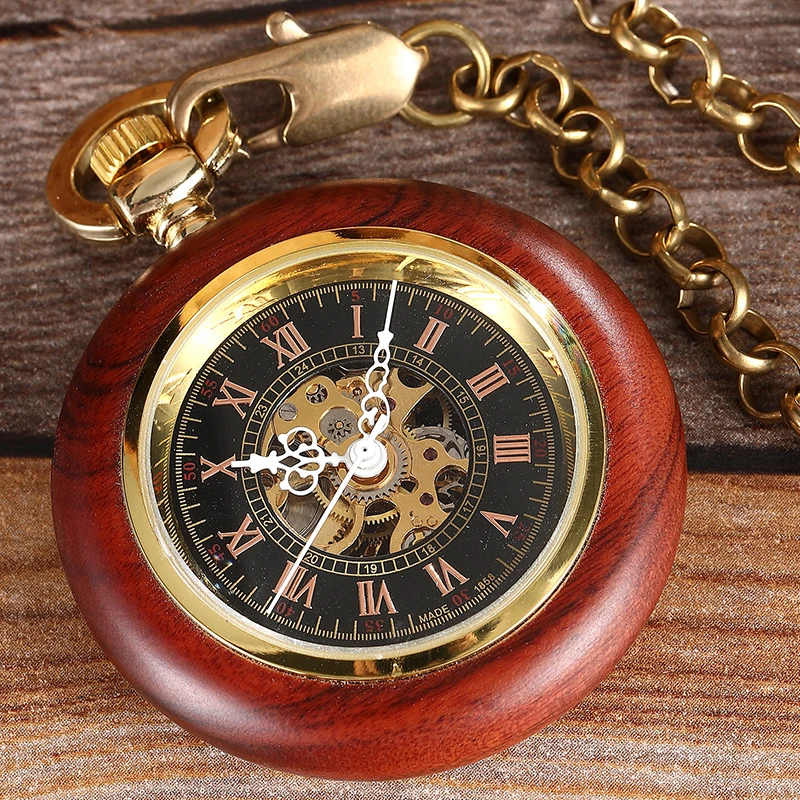 Luxury Wooden Mechanical Pocket Watch for Men Roman Numeral Sandalwood Wood Case Gold Back Engraved Fob Chain Clock Dropshipping