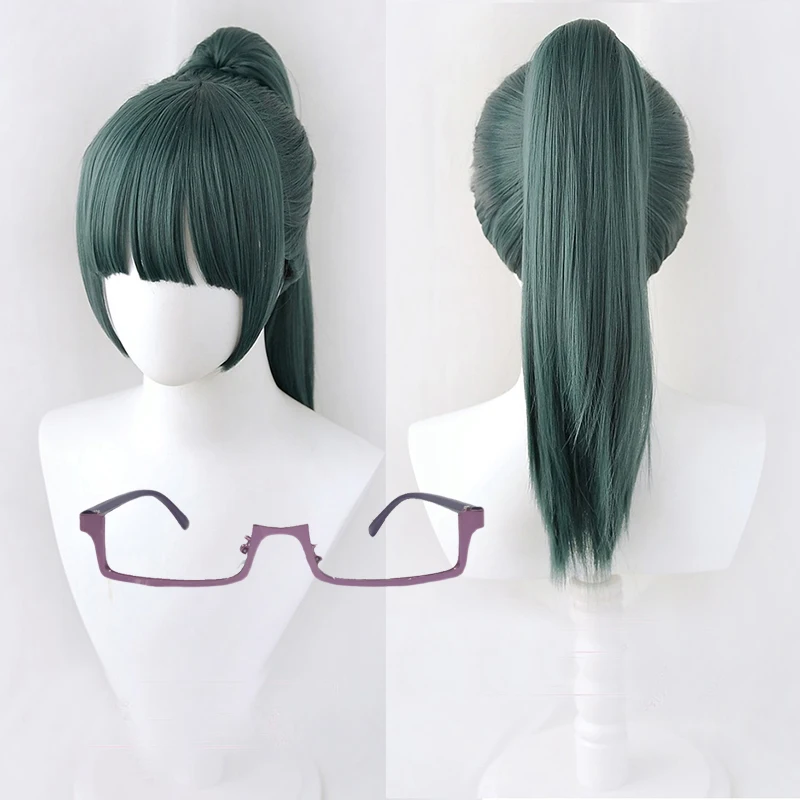 Anime Jujutsu Kaisen Cosplay Maki Zenin Wigs Dark Green Ponytail Heat Resistant Synthetic Hair Cosplay Wig + Wig Cap + Glasses
