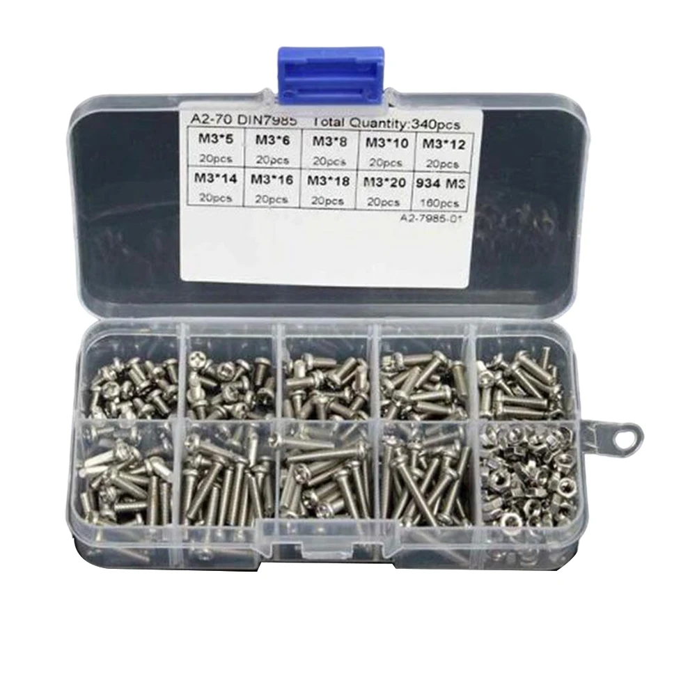 

340PCS Nut Cap Head 304 Stainless Steel Cross-Head Screw Bolts Set Fastener Assortment Kit Repair With Plastic Storage Boxes