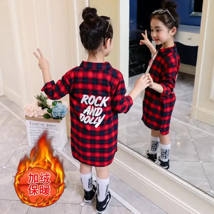 red Add cotton От 5 до 16 лет; Осенняя длинная рубашка в клетку для девочек; Одежда для девочек; школьные рубашки для девочек-подростков; блузка для девочек; детская блузка в клетку; детская одежда - Цвет: red Add cotton