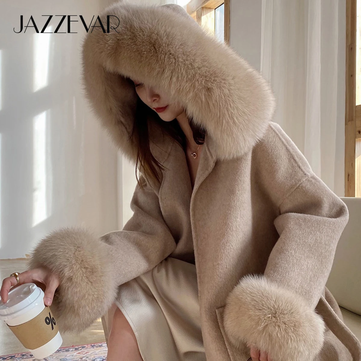 JAZZEVAR 2022 Hooded Coats Women Luxurious Real Fox Fur Loose Clothing Cashmere Double Faced Wool Ladies Winter Jacket