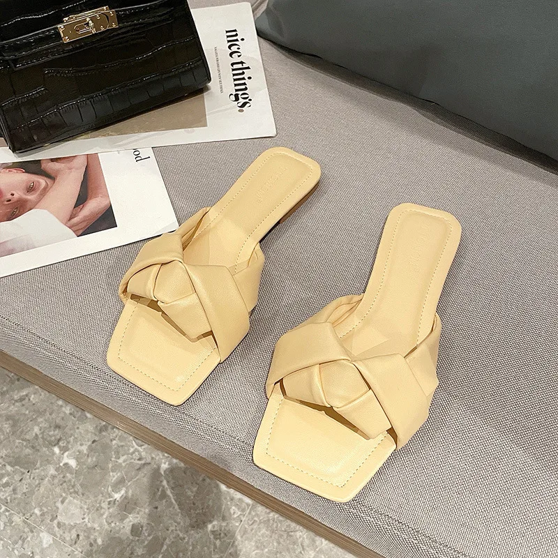 

Med Slippers Casual Low Butterfly-Knot Female Shoes Slides Luxury 2021 Rubber Rome Basic Hoof Heels Fashion PU Butterfly-knot Sp