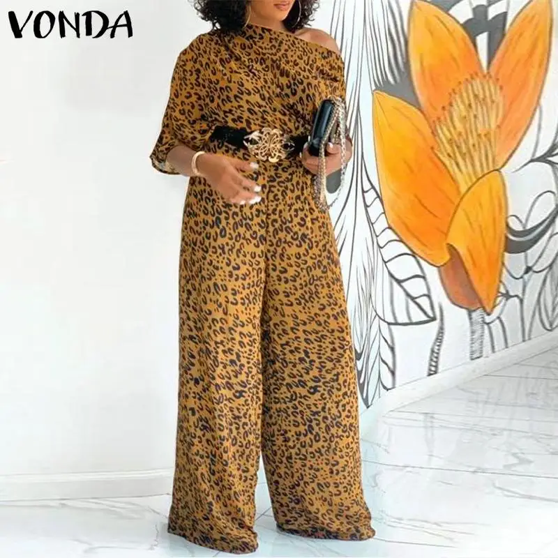 

Casual Half Sleeve Leopard Print Wide Leg Jumpsuit VONDA Sexy One Shoulder Long Playsuit Elegant Party Palazzo Pantalon Overalls