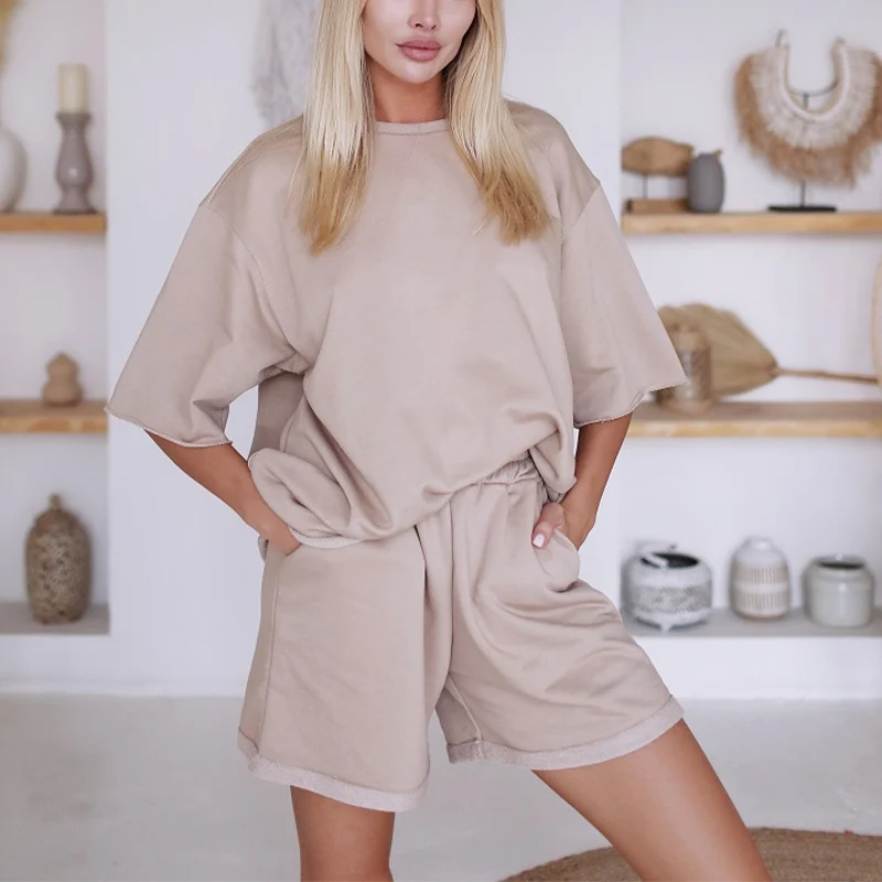 

New Casual Two-piece Tracksuit Set Women Solid T-shirt and Shorts Tracksuits Sets Female 2021 Spring Summer Fashion Ladies Suits