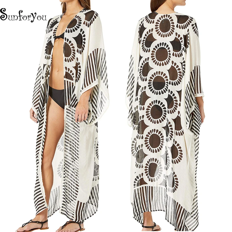 Шифоновое пляжное макси-платье с принтом саронг Пляжное Кимоно размера плюс