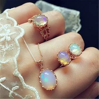 cute female oval moonstone jewelry set charm rose gold color stud earrings for women dainty bride wedding chain necklace ring