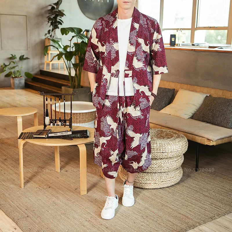 

Harajuku Style Japanese Kimono Robe Wide Leg Crane Print Harem Pants Men Chinese Traditional Hanfu Tang Suit Top Casual Trousers