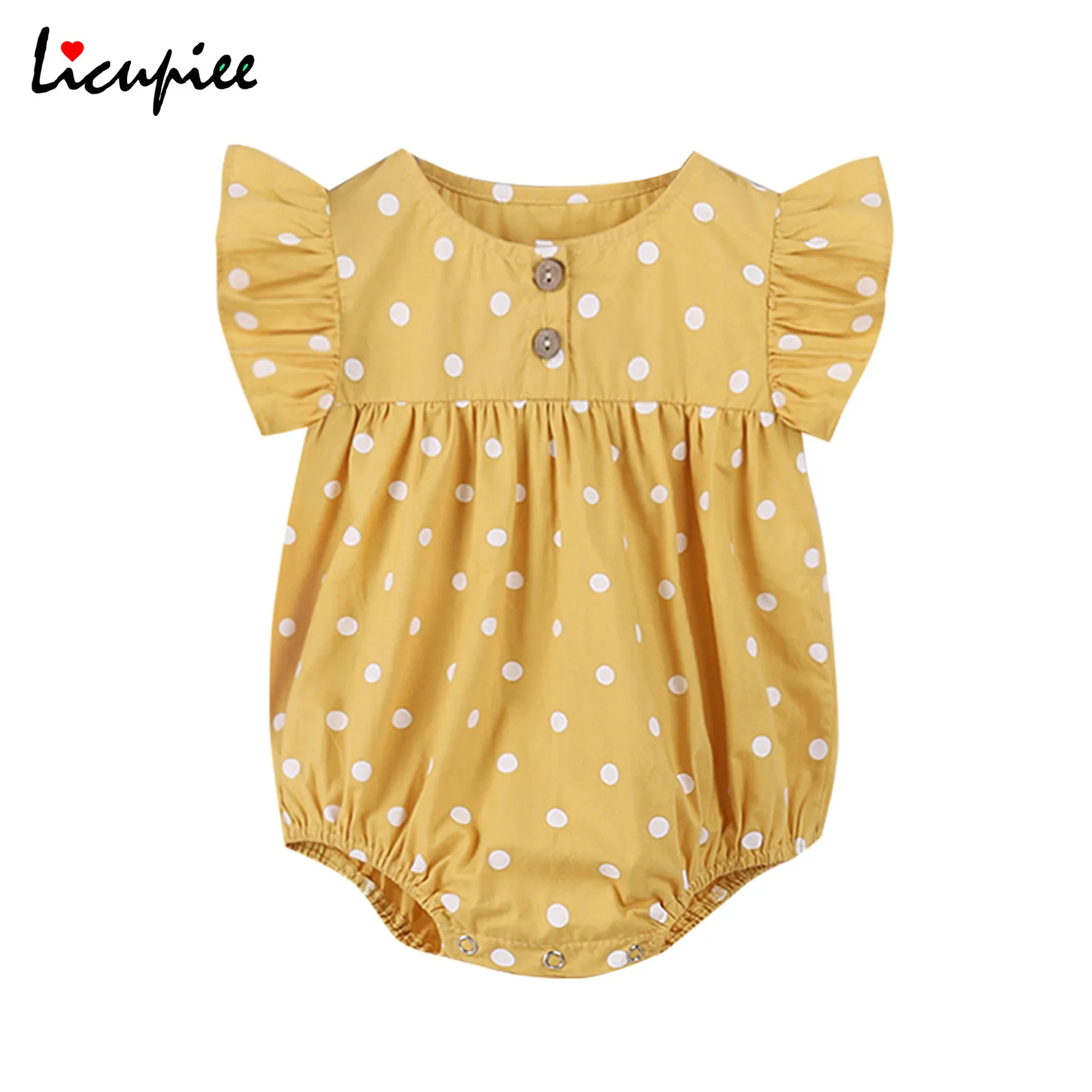 

0-24 Months Dot Bodysuits Toddler Girls Summer Romper, Baby Polka Dot Henley Neck Ruffled Sleeves Jumpsuit with Crotch Buttons