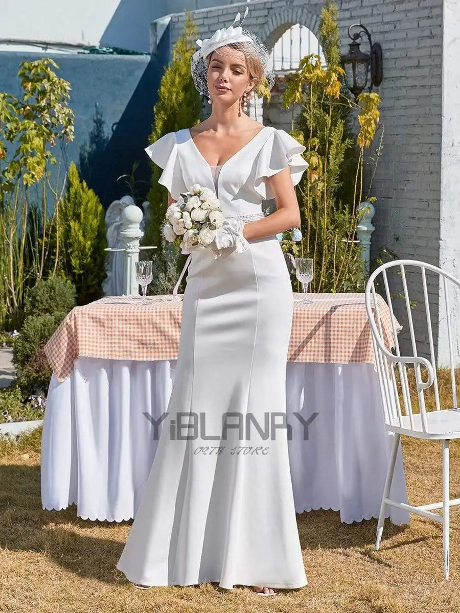 

Simplicity Mermaid Wedding Dress Chiffon With Floor Length Short Sleeves Lace V-neck Strap Backless With Robes De Marie