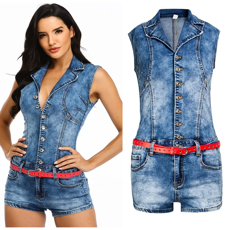 

2021 New Summer Single-Breasted Sexy Waist Jumpsuit Slim Denim Jumpsuit High Waist Elasticity Overalls Slim Shorts with Belt