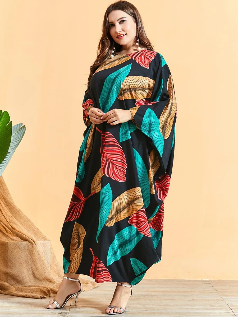 2021 Oversize Woman Dress Colorful Leaf Print Batwing Sleeve Maxi Long Dresses for Women Black Loose Muslim Abaya Robe