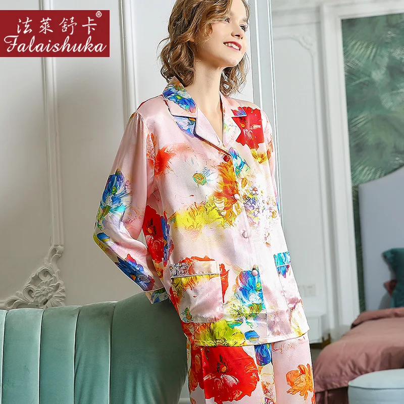 New sweet Pink Flowers 100% silk pajamas sets women sleepwear long sleeves Korean sexy Elegant genuine silk womens pyjamas T8219