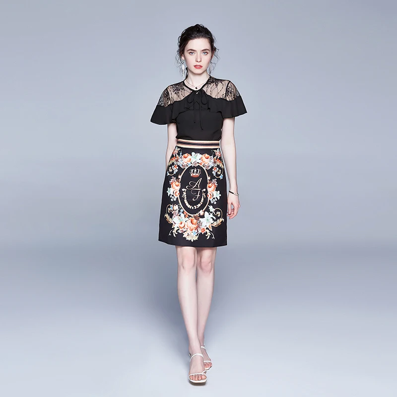 

Женский кружевной комплект, подиумный комплект из двух предметов, черная шифоновая блузка с оборками в стиле пэчворк, трапециевидная мини-ю...