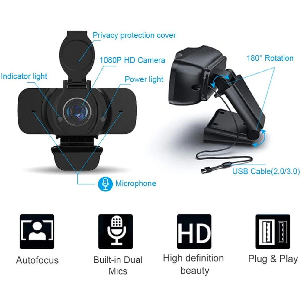 

1080P Webcam with Microphone USB Camera Streaming Full HD Web Cam for PC Desktop Computers Laptop Conference Study Video Calling
