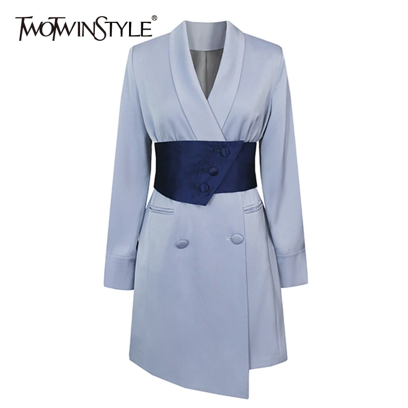 

Женское платье миди TWOTWINSTYLE, повседневное синее лоскутное платье с поясом, с отворотом, длинным рукавом и высокой талией, новинка 2021