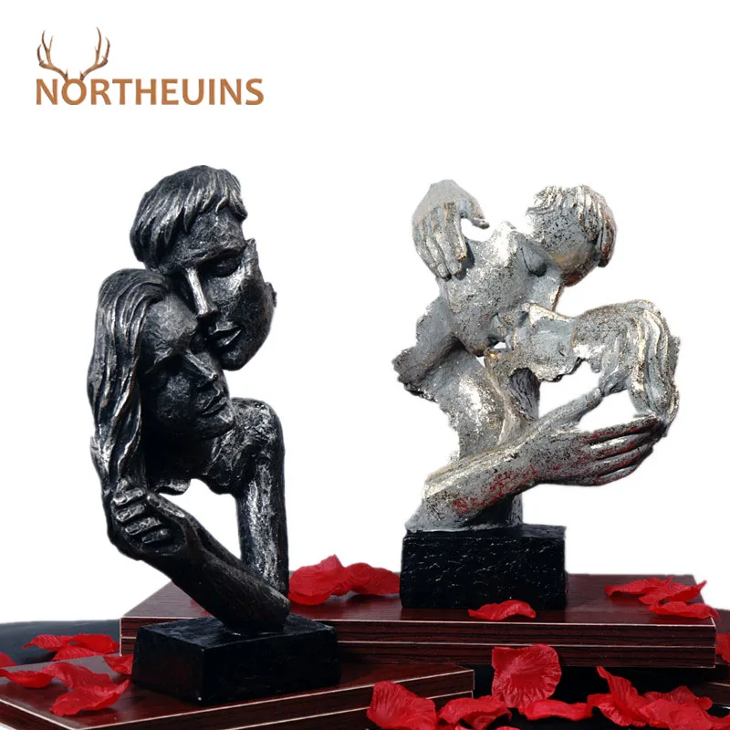 

NORTHEUINS Resin Kissing Couple Mask Statue Lover Miniature Figurines for Interior Valentine's Day Gift Home Desktop Decoration