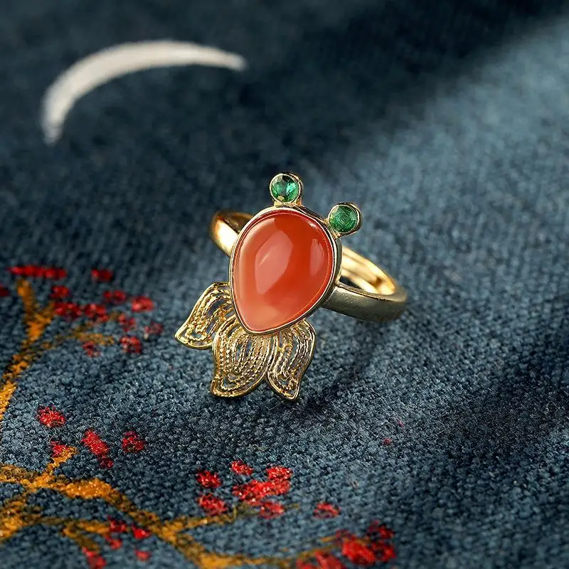 

S925 Sterling Silver Inlaid Natural South Red Agate Goldfish Opening Adjustable Personality Female Gilding Craft Ring Rings